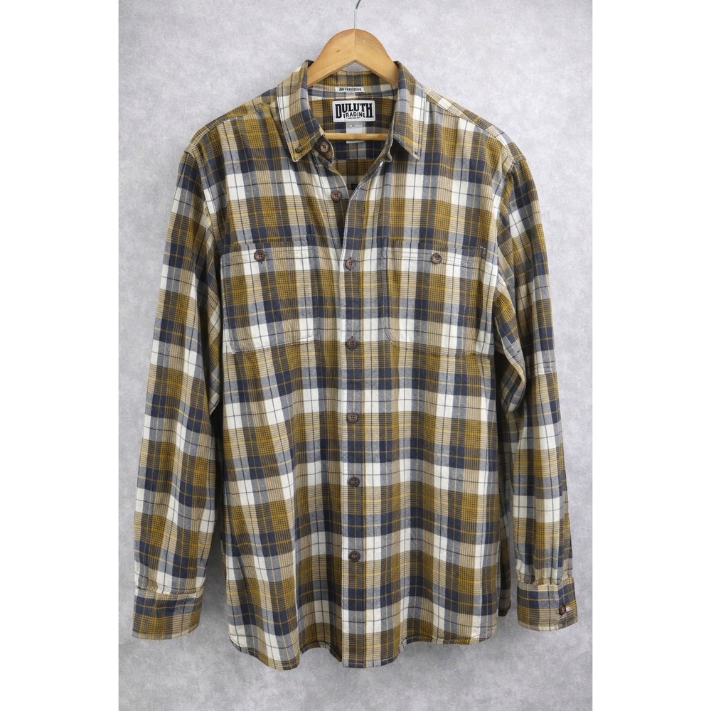Duluth Trading Free Swinging Flannel Relaxed Fit Shirt Gold Beige Gray‎ Men's XL